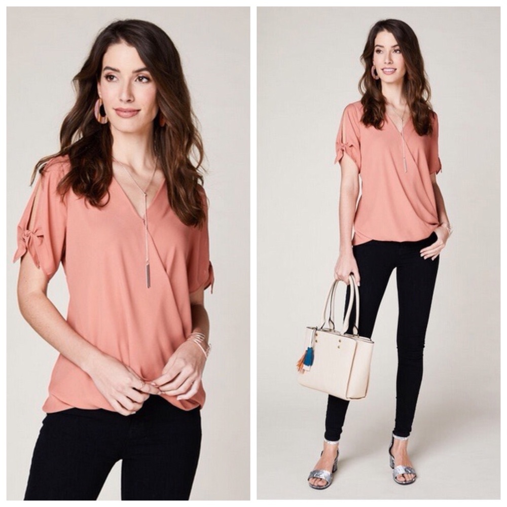 Apricot Color Wrap Blouse with Sleeve Ties (XL)